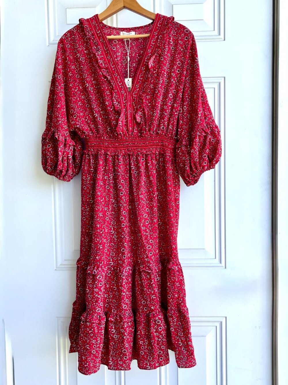 NWT Max Studio Red Floral Smocked Midi Dress Cottagecore Boho Comfy Flowy XL - Picture 11 of 11